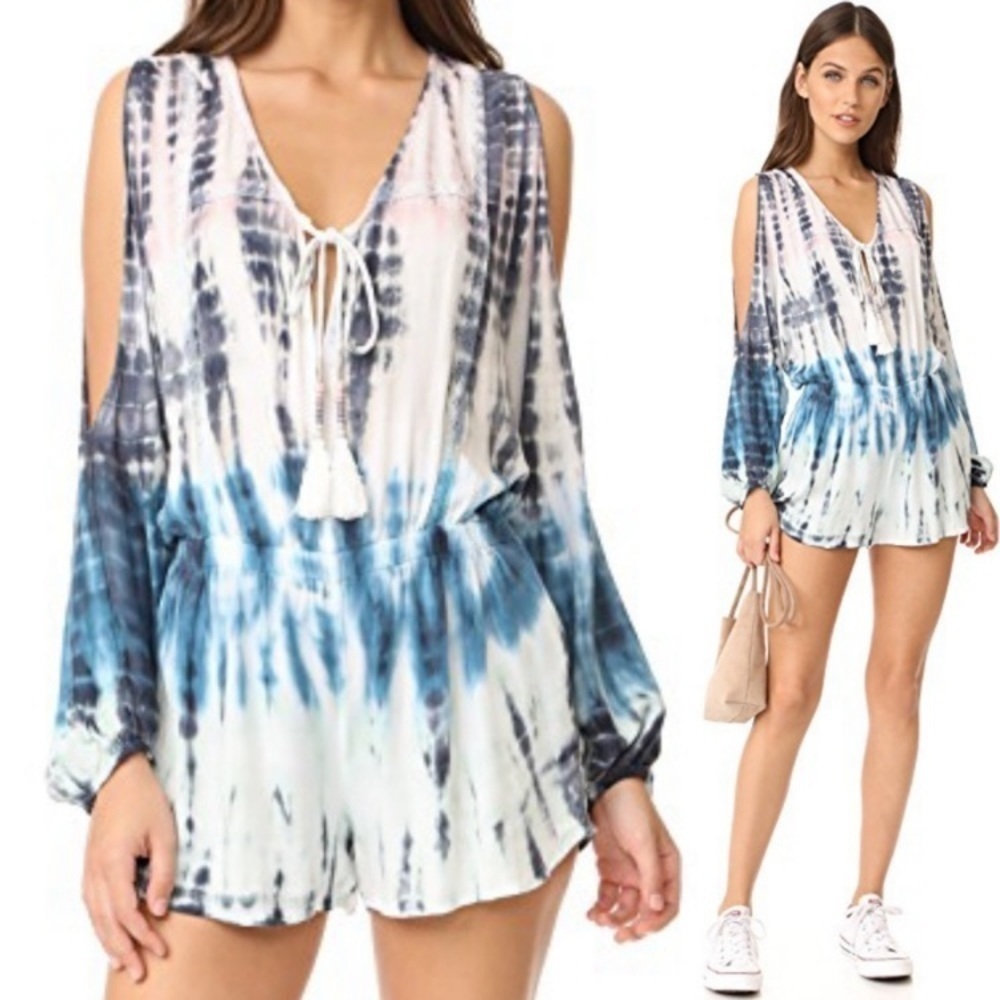 YOUNG Fabulous And Broke Ayla Tie Dye Teal Cold Shoulder Romper